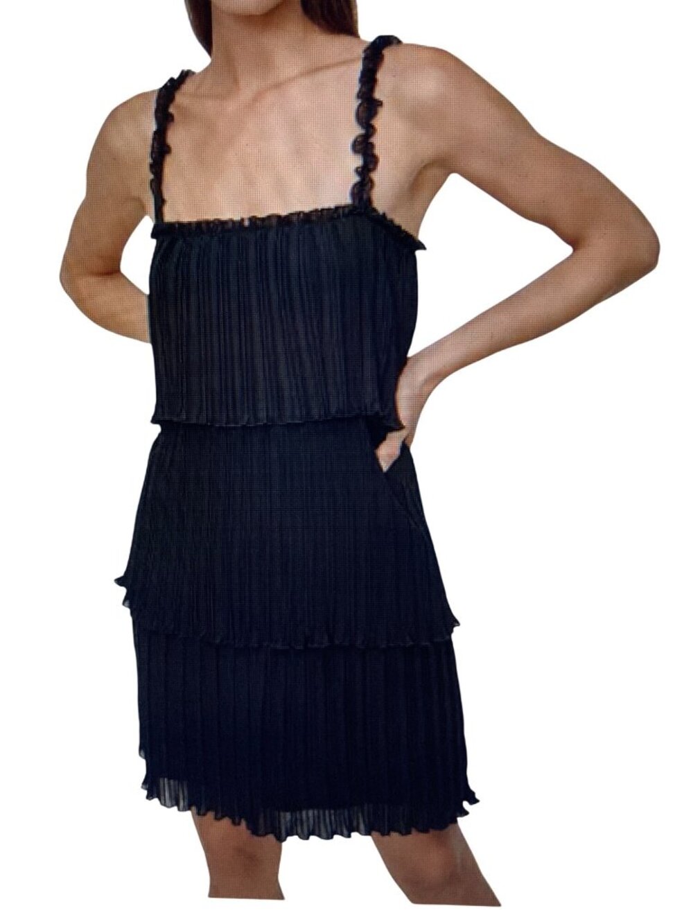 DKNY Women's Pleated Tiered Chiffon A-Line Sleeveless Black  Dress Varies NWT